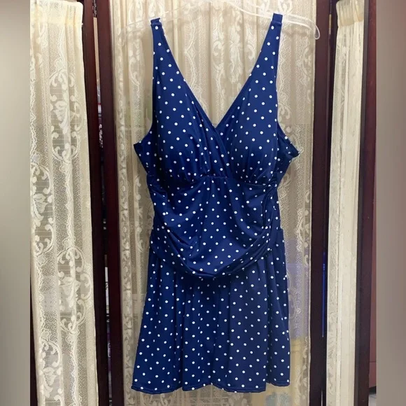 d&co | Swim | Nwot D Co Beach One Piece Blue Polka Dot Swimsuit Swim Dress  2w | Poshmark